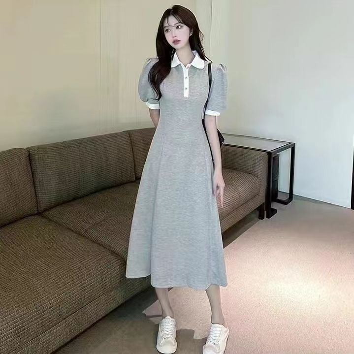 학원 스타일 POLO 칼라 반팔 여성 드레스 여름 중간 길이 허리 수축 슬림해 보이는 캐주얼 A라인 스커트 작은 대중 디자인