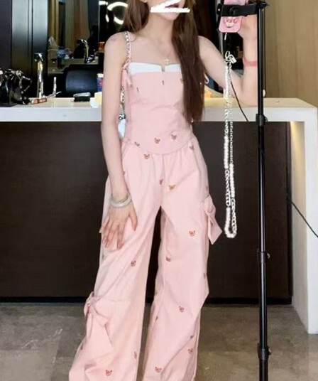 여름 드레스 작은 키 한 부서 코디 전체 집합 학원 스타일 작은 곰 슬립 나비 매듭 와이드 레그 팬츠 두 조각 여성 세트