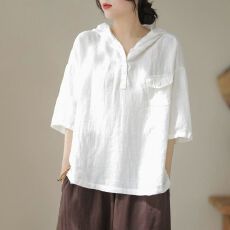 批发夏季女士新中式连帽<b class='q'>上衣</b>简约时尚纯色T恤休闲风舒适宽松五分袖女