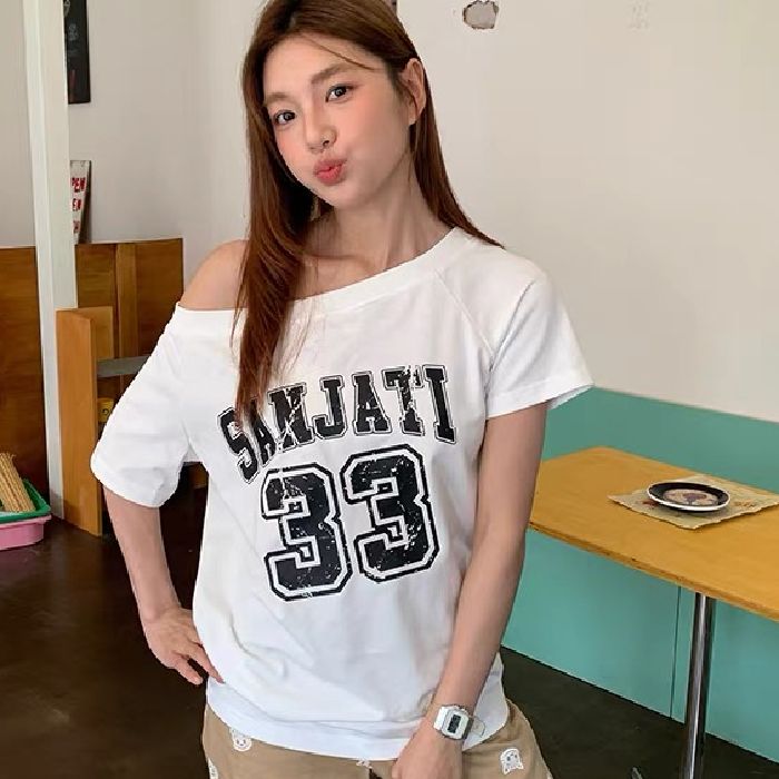 아메리칸 핫걸 비스듬한 어깨 알파벳 프린트 반팔 티셔츠 여성