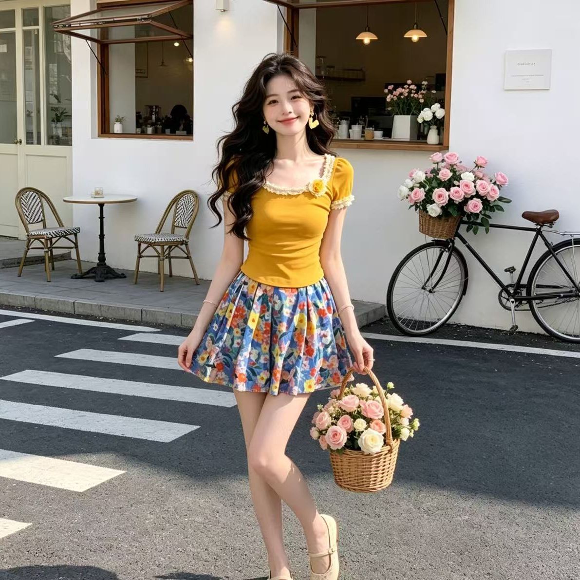 투피스 세트 프랑스식 고유 한 그레이트 봐라. 레이스 반팔 맨위 코디 꽃무늬 반신 치마 세트 여성 패션 달콤한 매운맛