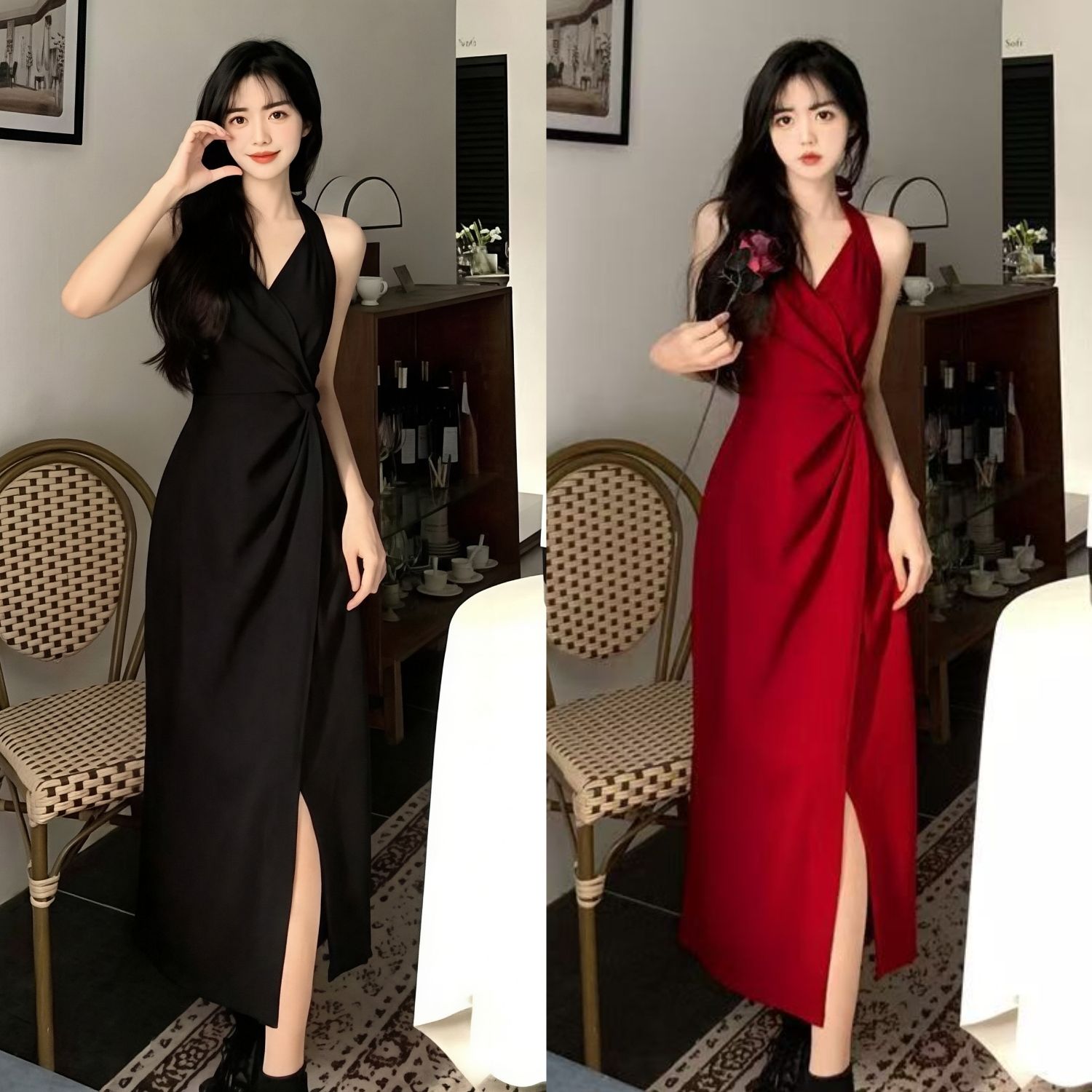 빅 사이즈 여성 의류 새로운 지방 mm 표지 배 슬림해 보이는 빨간색 슬립 롱 스커트 프랑스식 고급 행침 목 드레스 여름
