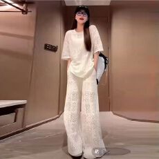 批发夏季新款时尚<b class='q'>套装</b>女法式镂空短袖上衣百搭纯色<b class='q'>休闲</b>阔腿裤两件套潮