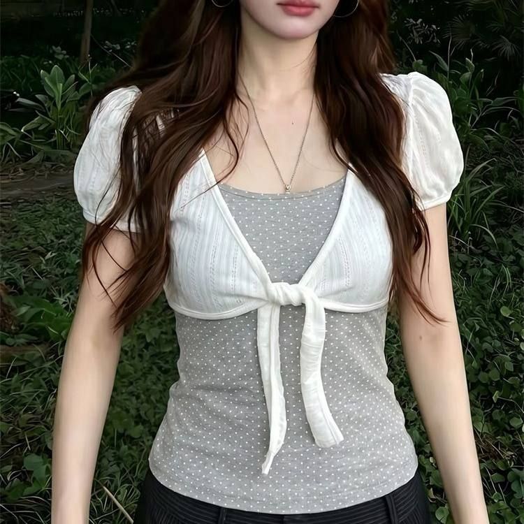 원본 품질 페이크 레이어드 한 부서 도트 무늬 거품 소매 반팔 티셔츠 여성 여름 패치워크 레이스업 작은 대중 맨위
