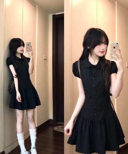 레트로 베이비 칼라 검정색 세로 줄무늬 여성 드레스 여름 새로운 반팔 몸매 가꾸기 학생 슬림해 보이는 짧은 치마