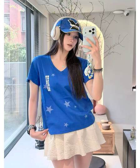 원본 것 아메리칸 레트로 형제 특별 바람 알파벳 프린트 V넥 반팔 티셔츠 여성 여름 루즈핏 맨위