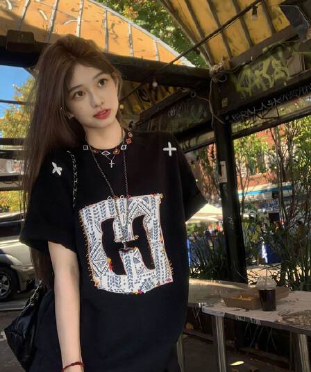220 그램 순면 패치 자수 이후 패키지 칼라 반팔 티셔츠 여성 정가