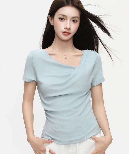 라이 경기 서울 주간 실크 불규칙 반소매 Chic 고유 한 디자인 센스 흔들다 칼라 셔츠 여성 여름 반팔