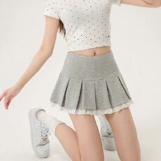 批发设计感蕾丝花边拼接<b class='q'>半身裙</b>女夏季灰色百褶裙黑色短裙
