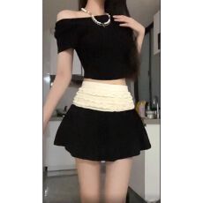 批发褶皱花边黑色半身裙<b class='q'>女</b>夏短款2025新款高腰显瘦a字辣妹设计感裙子