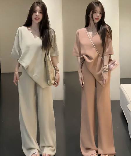 여름 새로운 느긋한 루즈핏 와이드 레그 팬츠 캐주얼 패션 반팔 여성 한 부서 느슨함 센스 투피스 세트