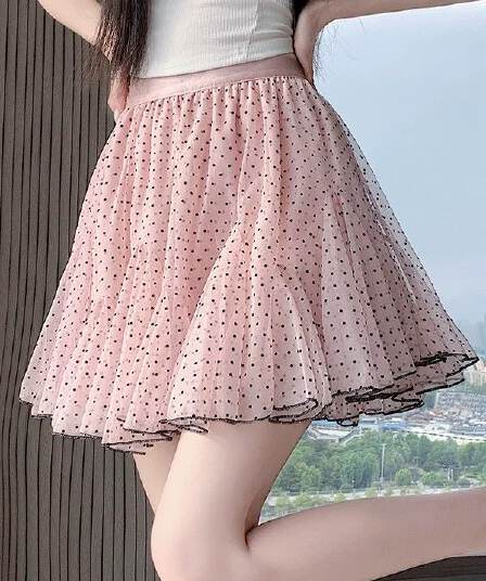 프랑스식 도트 무늬 망사 패치워크 한 마디 반신 스커트 여성 여름 새로운 하이웨이스트 슬림해 보이는 프릴 퍼프 스커트 미니 스커트
