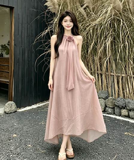 디자인 센스 루즈핏 꽃 행침 목 민소매 드레스 여름 부드러운 바람 프랑스식 오프숄더 치마 롱 스커트