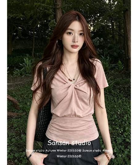 원본 원단 한 부서 비즈 V넥 반팔 여성 여름 비틀림 긍정적 인 어깨 티셔츠 허리 수축 슬림해 보이는 핫걸 맨위
