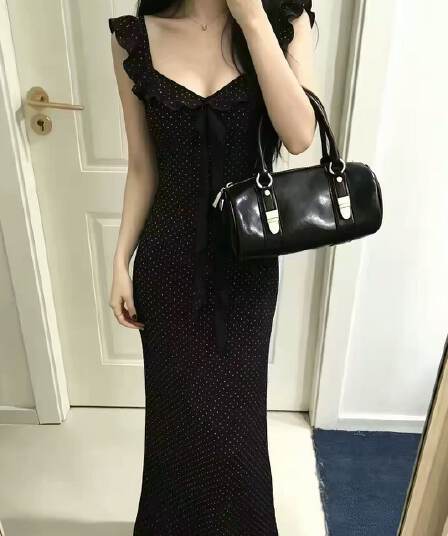 검정색 프랑스식 그는 벤 바람 도트 무늬 여성 드레스 여름 몸매 가꾸기 슬림해 보이는 프랑스식 휴가 바람 무릎 아래 해변가 롱 스커트