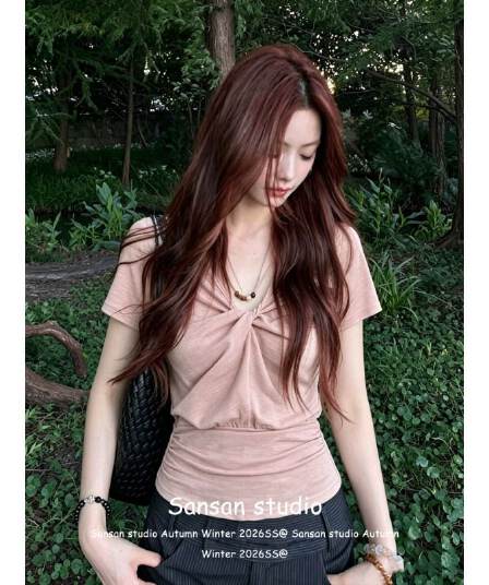 원본 원단 한 부서 비즈 V넥 반팔 여성 여름 비틀림 긍정적 인 어깨 티셔츠 허리 수축 슬림해 보이는 핫걸 맨위