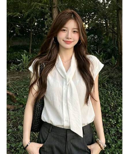 폴리 에스터 브로케이드 주름 트렌드 패션 품격 화이트 민소매 여성 셔츠 봄 여름 하이웨이스트 슬림해 보이는 캐주얼 맨위