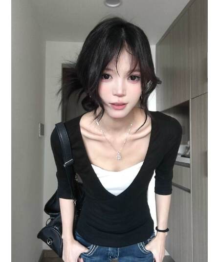 모달 사람들 면 검정색 V넥 페이크 레이어드 긴팔 티셔츠 여성 몸매 가꾸기 슬림해 보이는 기본 셔츠 한 첨부 된 의류