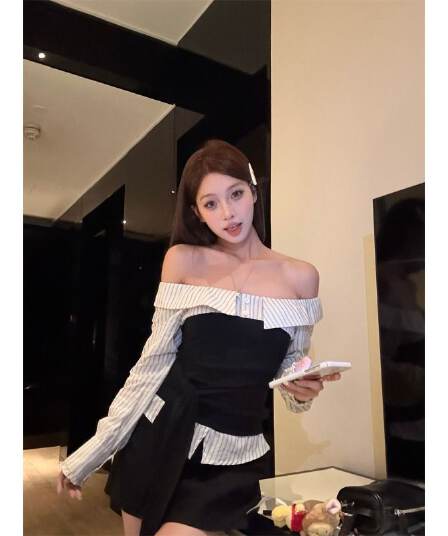 원본 것 순수한 욕망 바람 스트랩 패치워크 오프숄더 긴팔 여성 셔츠 배색 스트라이프 가을 맨위