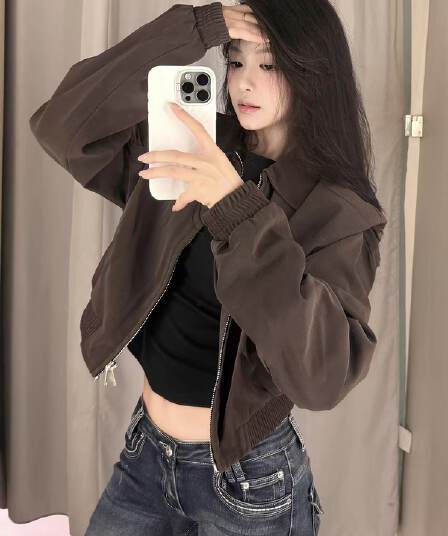 아메리칸 레트로 브라운 쇼트 스타일 여성 코트 조기 봄 고급 센스 작은 키 루즈핏 슬림해 보이는 어깨 패드 재킷 맨위
