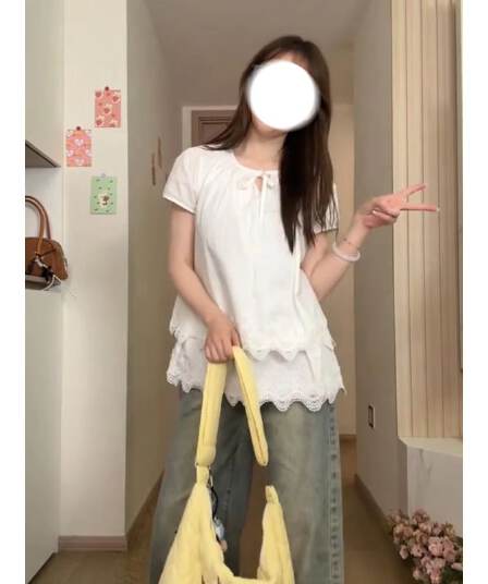 사면 신축 레이스 레이스 화이트 반팔 여성 셔츠 여름 새로운 한 부서 품격 아름다운 긍정적 인 어깨 셔츠 맨위