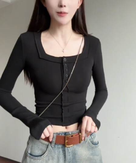 모방 면 광장 칼라 핫걸 순수한 욕망 바람 쇼트 스타일 봄 가을 긴팔 티셔츠 여성 몸매 가꾸기 인사이드 잡아라. 의류