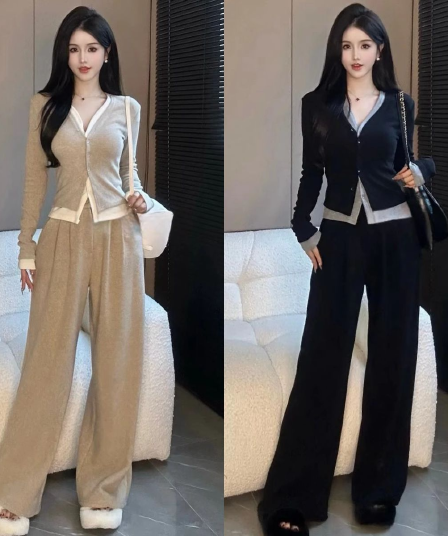 패션 페이크 레이어드 캐주얼 세트 여성 봄 가을 새로운 슬림해 보이는 빅 사이즈 와이드 레그 팬츠 투피스 세트 지방 mm 240 kg