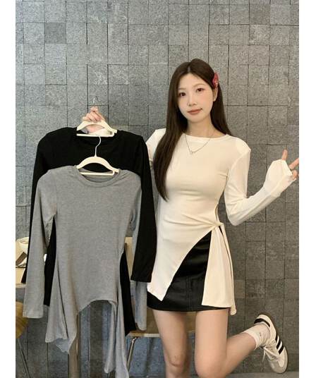 모달 사람들 면 화이트 티셔츠 여성 가을 표지 고기 슬림해 보이는 긍정적 인 어깨 동정 트임 불규칙 맨위