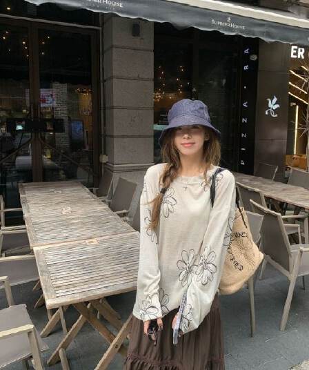 눈꽃 면 디자인 센스 달콤함 프린트 긴팔 티셔츠 여성 여름 캐주얼 루즈핏 작은 대중 슬림해 보이는 맨위