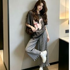 批发文艺复古花边拼接<b class='q'>棉麻</b>格子<b class='q'>裤</b>女夏小个子宽松阔腿<b class='q'>裤</b><b class='q'>高腰</b>直筒九分<b class='q'>裤</b>