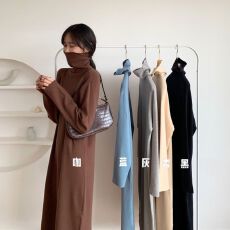 批发【薄绒】名媛连衣裙女装秋季冬长款高领保暖打底裙黑色内搭长裙子