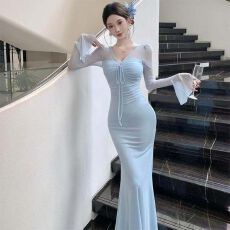 批发法式V领蓝色喇叭袖网纱<b class='q'>连衣裙</b>女高级感御姐风<b class='q'>修身</b>包臀鱼尾裙长裙