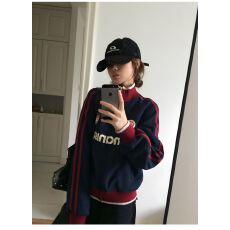 批发美式条纹撞色开衫卫衣男女秋季重磅设计感学院风高街情侣棒球外套