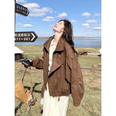批发复古美拉德麂皮机车服外套女<b class='q'>春</b>季休闲宽松翻领廓形感工装夹克上衣