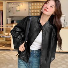 批发安可拉红复古机车pu皮衣外套<b class='q'>女</b>2026年秋季新款时尚减龄短款皮<b class='q'>夹克</b>