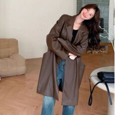 批发咖色高级感中长款西装pu皮衣外套女2026春季新款宽松休闲气质风衣