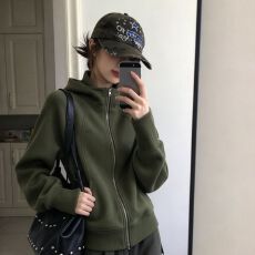 字母有改动 春秋连帽拉链绿色卫衣女外套女修身开衫