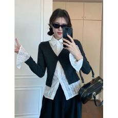 批发【原版面料】早秋学院风蕾丝拼接假两件长袖衬衫女polo领上衣