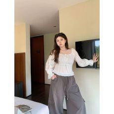 批发韩版绝美一字肩系带长袖衬衫女夏季收腰褶皱设计减龄百搭小众上衣