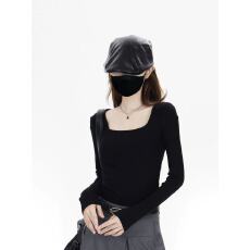 批发黑色方领<b class='q'>长袖</b><b class='q'>t</b><b class='q'>恤</b>女2025秋季新款修身显瘦内搭时尚简约打底衫上衣