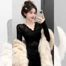 批发蕾丝打底衫女春秋性感V领内搭洋气小衫低领镂空网纱上衣秋冬加绒