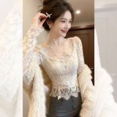 批发纯欲辣妹性感方领蕾丝打底衫女秋季新款内搭外穿修身显瘦长袖上衣