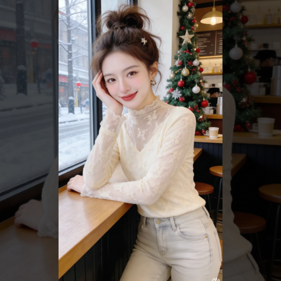 프랑스식 반하이넥 레이스 조각 긴팔 티셔츠 여성 가을 겨울 몸매 가꾸기 슬림해 보이는 작은 대중 고유 한 외국 가스 만나는 맨위