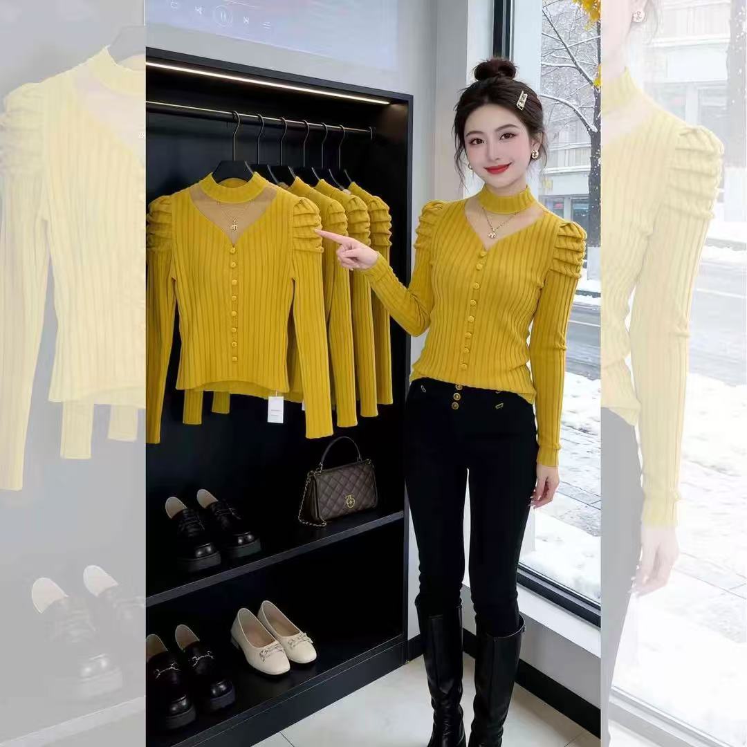 가을 겨울 구덩이 기사 연삭 털 패치워크 홀로우 아웃 망사 반하이넥 티셔츠 여성 디자인 센스 외출용 인사이드 가져 가라. 긴팔 기본 셔츠