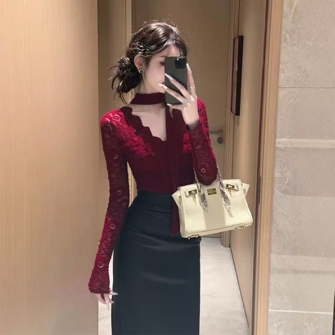 빛 럭셔리 센스 행침 목 리본 V넥 레이스 셔츠 여성 가을 겨울 새로운 로얄 자매 바람 몸매 가꾸기 슬림해 보이는 다용도 품격 맨위