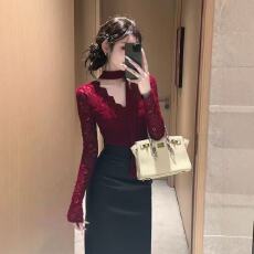 批发轻奢感挂脖飘带V领蕾丝衫女秋冬新款御姐风修身显瘦百搭气质上衣