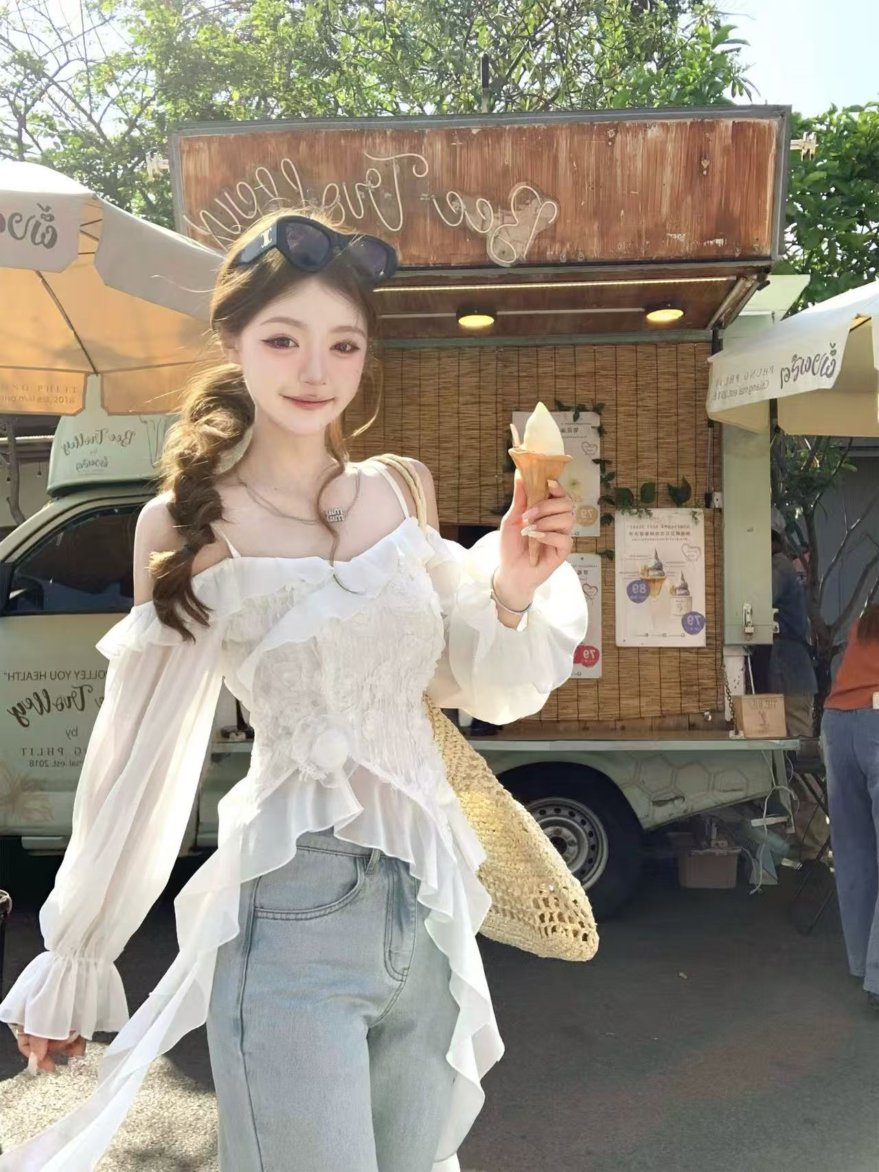 q 여자 집 동백 나무 공상 휴가 화이트 불규칙 슬립 긴팔 오프숄더 맨위