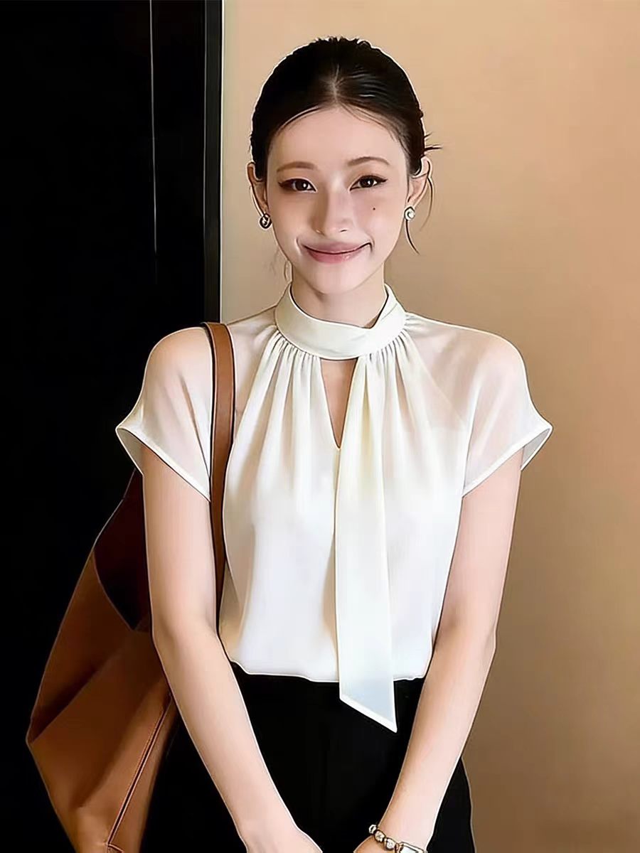 빛 요리 한 우아함 바람 리본 로얄 자매 화이트 여성 셔츠 2026 여름 새로운 고급 패션 루즈핏 출퇴근 맨위