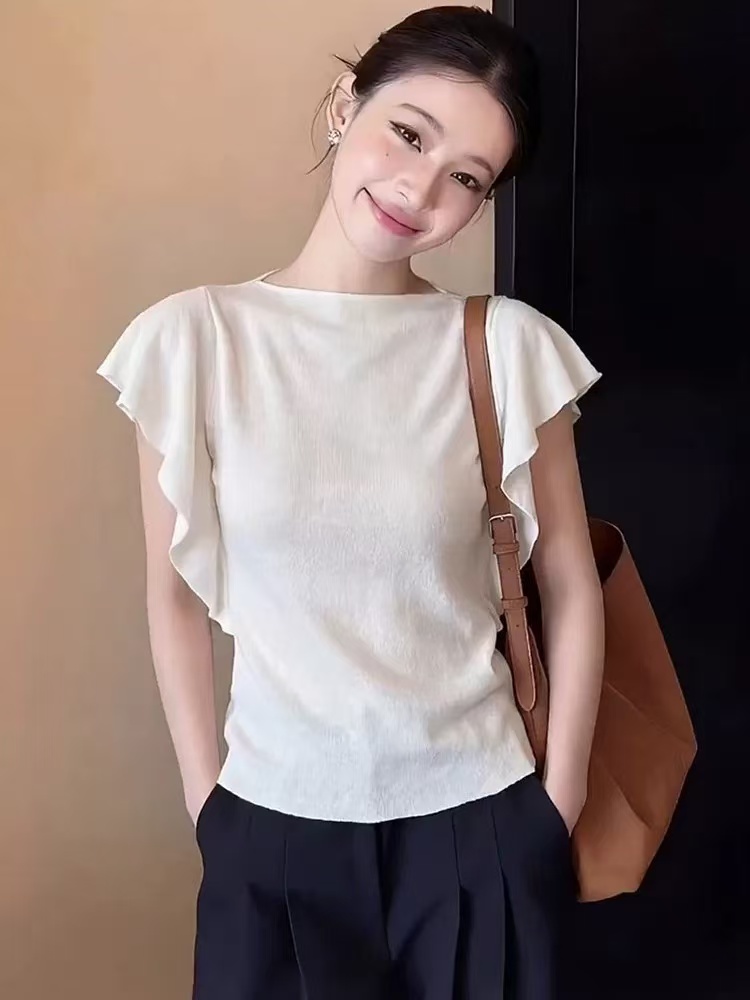 장 원자바오 필리핀 린 tee 부드러운 우아함 프릴 반팔 높은 품질 긍정적 인 어깨 라미 니트 티셔츠 2026 새로운