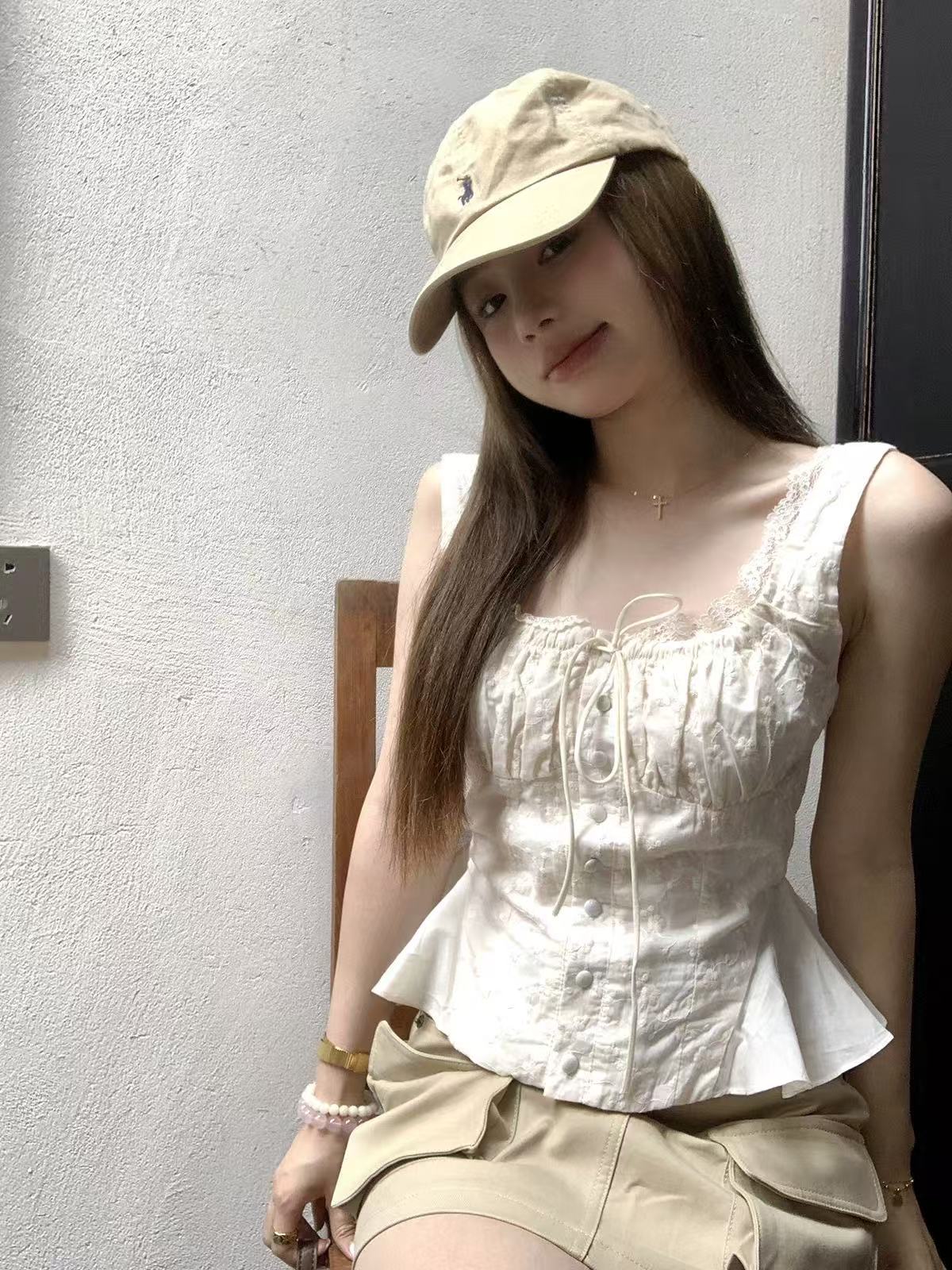 anneshop 꽃 리플 휩쓸다 새싹 여름 새로운 다용도 민소매 허리 수축 펌프 로프 광장 칼라 레이스 셔츠 맨위